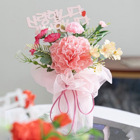 플라워트리 고급 플라워 카네이션 실크 화병 세트 26cm, 핑크, 1세트