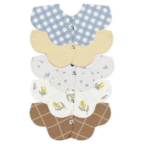 코니 유아용 턱받이 5종 세트, C(블루깅엄, 버터옐로우, 블루베리, 미모사, 브라운체크), 1세트