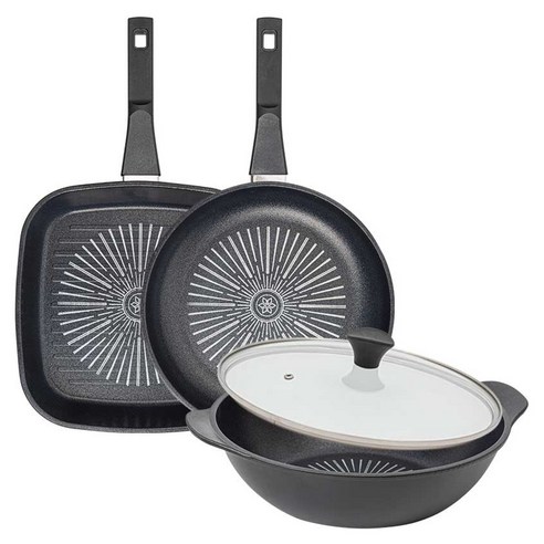 인터쿡 클래식 후라이팬 세트 4개, 블랙, 1세트, 27cm 사각팬 + 28cm 후라이팬 + 28cm 파티웍 + 유리뚜껑