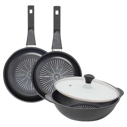 인터쿡 클래식 후라이팬 세트 4개, 블랙, 1세트, 후라이팬 24cm + 후라이팬 20cm + 파티웍 28cm + 유리뚜껑