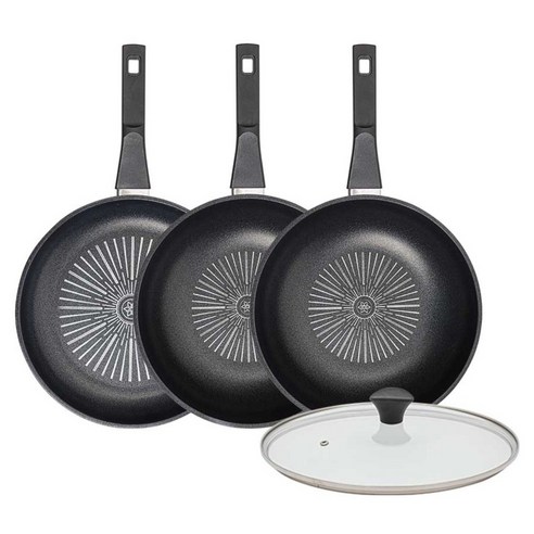 인터쿡 클래식 후라이팬 세트 4개, 블랙, 1세트, 28cm 후라이팬 + 28cm 궁중팬 + 28cm 궁중팬 + 유리뚜껑