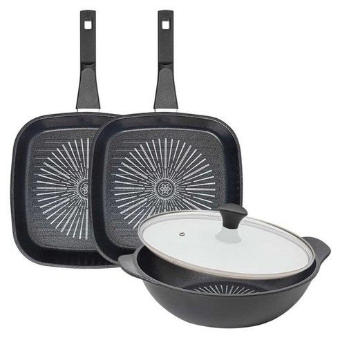 인터쿡 클래식 후라이팬 세트 4개, 블랙, 1세트, 27cm 사각팬 + 27cm 사각팬 + 28cm 파티웍 + 유리뚜껑
