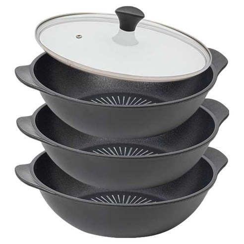 인터쿡 클래식 후라이팬 세트 4개, 블랙, 1세트, 28cm 파티웍 + 28cm 파티웍 + 28cm 파티웍 + 유리뚜껑