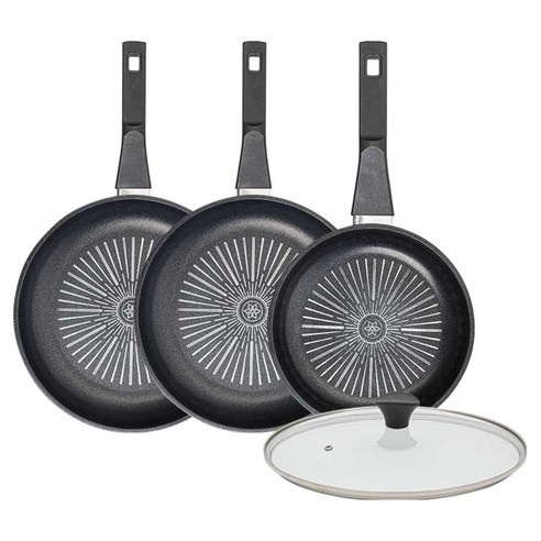인터쿡 클래식 후라이팬 세트 4개, 블랙, 1세트, 후라이팬 28cm + 후라이팬 28cm + 후라이팬 20cm + 유리뚜껑