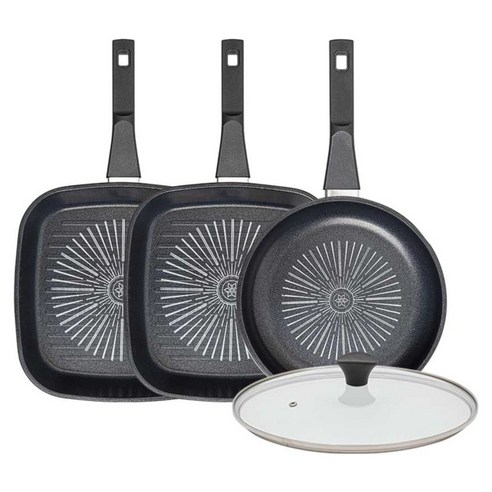 인터쿡 클래식 후라이팬 세트 4개, 블랙, 1세트, 27cm 사각팬 + 27cm 사각팬 + 24cm 후라이팬 + 유리뚜껑