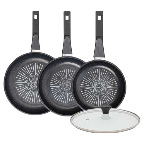 인터쿡 클래식 후라이팬 세트 4개, 블랙, 1세트, 후라이팬 28cm + 후라이팬 24cm + 후라이팬 20cm + 유리뚜껑
