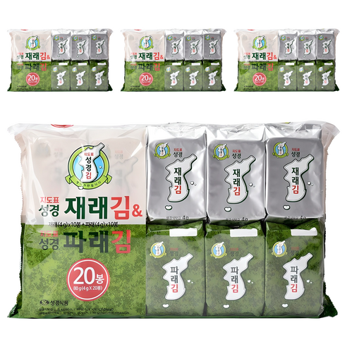 성경식품 지도표 재래식 성경식탁김 4g x 10p + 파래김 4g x 10p, 80g, 4개