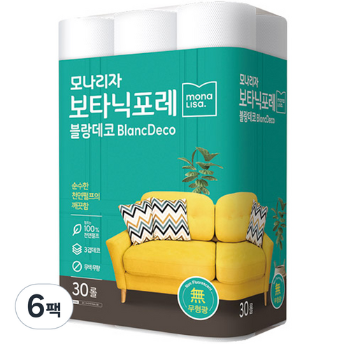 모나리자 3겹 보타닉포레 블랑데코 천연펄프 롤 화장지 25m, 30롤, 6팩