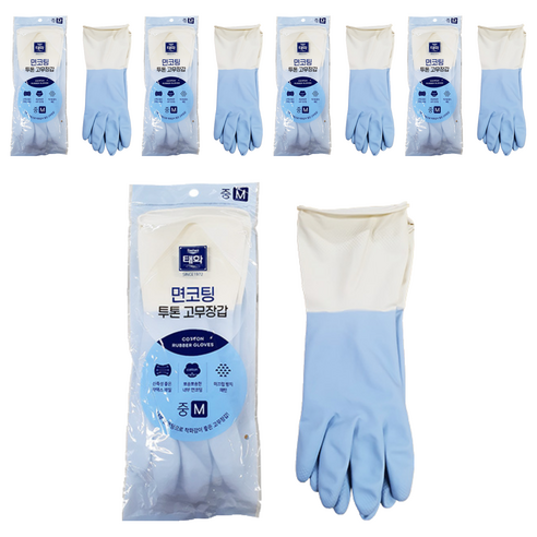 태화 면코팅 투톤 고무장갑, 블루, 중(M), 5세트