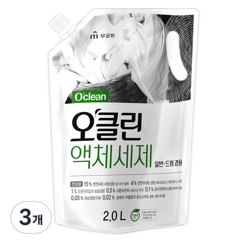 무궁화 오클린 액상 세탁세제 리필, 2L, 3개