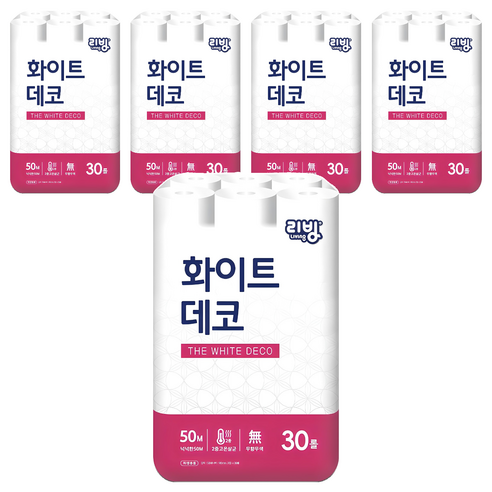 리빙티슈 2겹 화이트데코 일반롤화장지, 50m, 30개입, 5개
