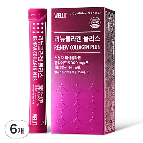 웰릿 리뉴콜라겐 플러스 5000 저분자 피쉬콜라겐 펩타이드 14p, 280g, 6개