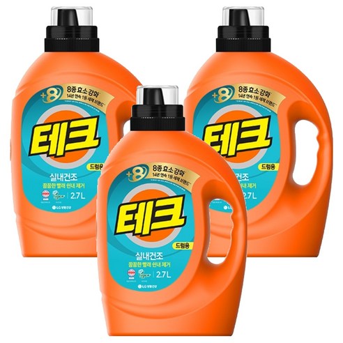 [비건라이프] 테크 실내건조 베이직뉴 드럼용 액상세제 본품, 2.7L, 3개