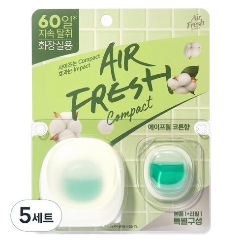 에어후레쉬 컴팩트 비치형 화장실용 방향제 본품 6ml + 리필 6ml 세트 에이프릴 코튼향, 5세트