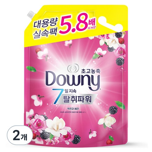다우니 7일 탈취파워 초고농축 섬유유연제 목련과베리 대용량 리필, 4.1L, 2개