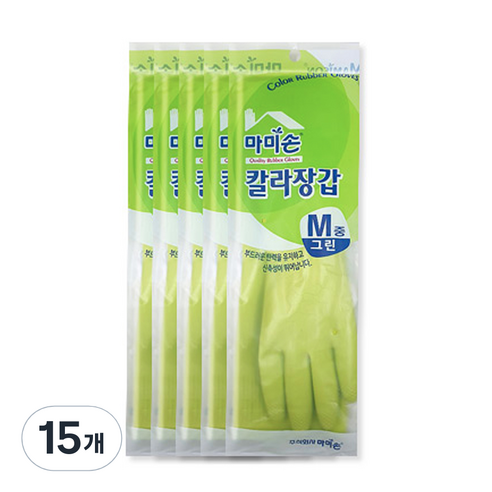 마미손 칼라 고무장갑 M, 그린, 중(M), 15개