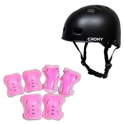 크로니 헬멧 + 보호대 세트 CR2, 블랙(헬멧), 핑크(보호대)