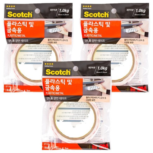 3M 스카치 플라스틱 금속용 폼 양면테이프 18mm x 3m, 3개
