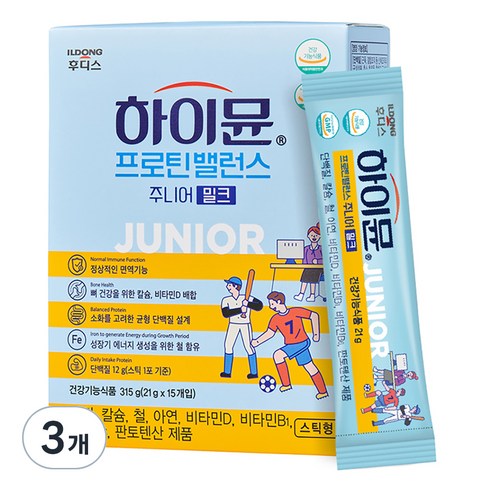 일동후디스 하이뮨 프로틴밸런스 주니어 스틱 밀크 오리지널 15p, 315g, 3개