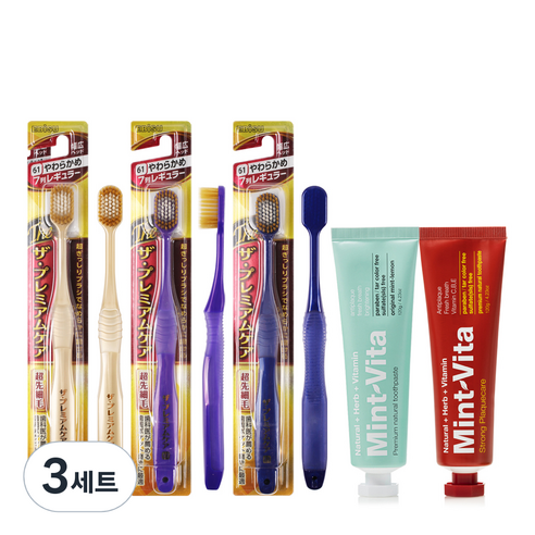 EBISU 더프리미엄케어 7열 광폭 헤드 칫솔 랜덤발송 3p + 오리지널 민트비타치약 120g + 스트롱 민트비타치약 120g 세트, 3세트