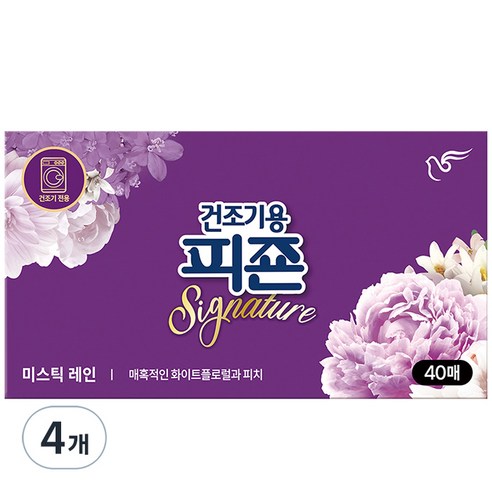 피죤 건조기용 시트 섬유유연제 미스틱레인, 4개, 40매
