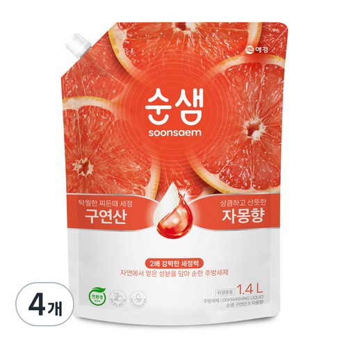 순샘 구연산 자몽 주방세제 리필, 1.4L, 4개