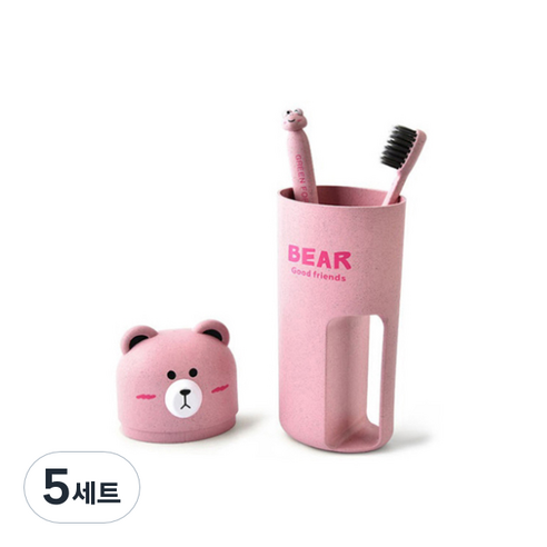 휴대용 곰돌이 양치컵 + 칫솔 2p 세트 핑크 164g, 5세트