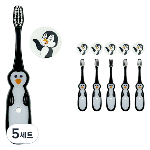 비브라이트 어린이용 LED 타이머 캐릭터 칫솔 6p + 칫솔모 보호커버 6p 세트, 펭귄, 5세트