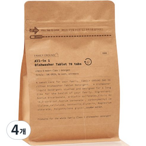 패밀리그라운드 올인원 식품첨가물 1종 타블렛 식기세척기세제 70p, 280g, 4개