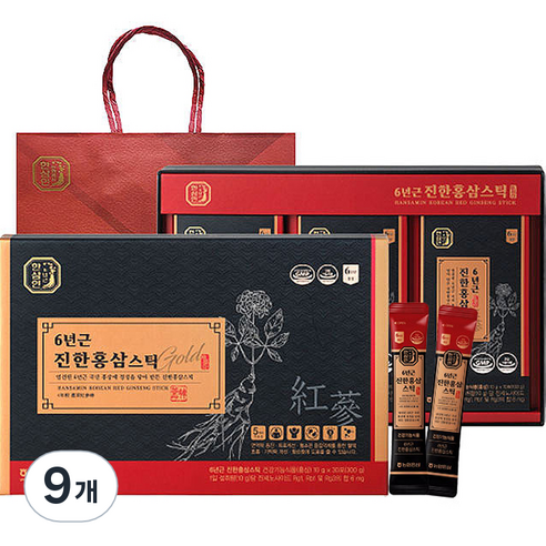 한삼인 6년근 진한 홍삼스틱 + 쇼핑백, 900g, 9개