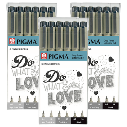 PIGMA 사쿠라 마이크론 모노톤 레터링 펜 세트, 라이트 쿨 그레이, 쿨 그레이, 블랙, 3세트