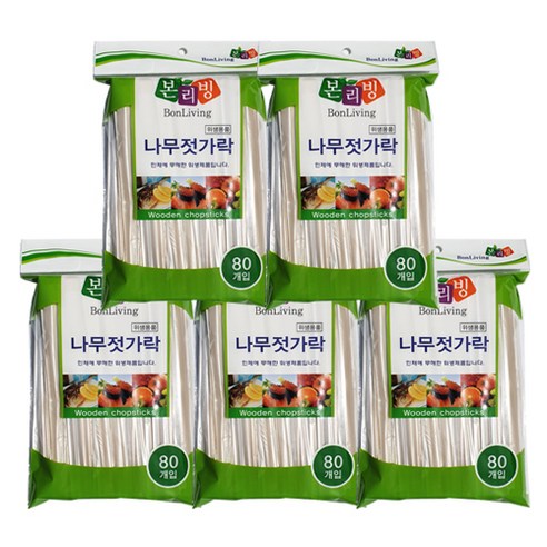 본리빙 고급 비닐포장 나무젓가락, 80개입, 5개