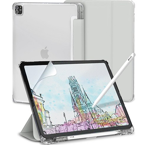 신지모루 클리어 애플펜슬 수납 태블릿PC 케이스 + 종이질감 액정보호 필름 세트, 라벤더 퍼플