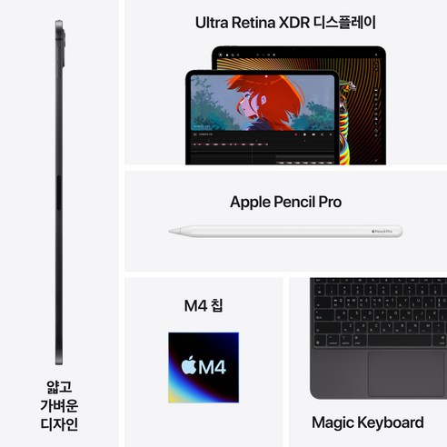 Apple 정품 2024 아이패드 프로 11 M4칩 스탠다드 글래스, 스페이스블랙, 256GB, Wi-Fi