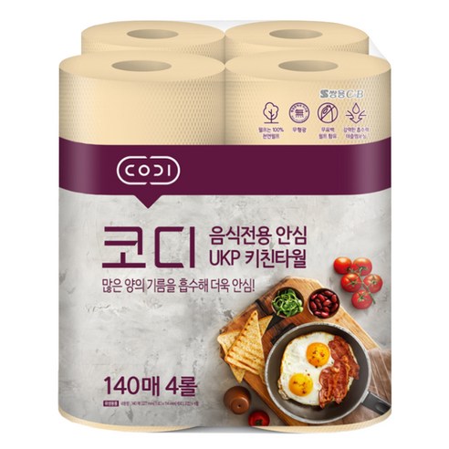 코디 음식전용 안심 천연펄프 키친타월 140매, 4롤, 1개