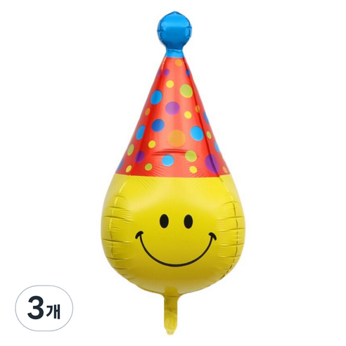 미미파티 해피 스마일 꼬깔 생일 파티 은박 풍선 83 x 28 cm, 옐로우 + 레드 + 블루, 3개