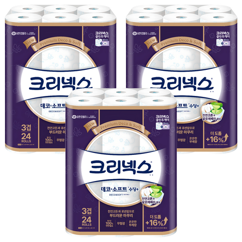 크리넥스 데코 앤 소프트 수딩플러스 천연펄프 3겹 고급롤화장지, 27m, 24개입, 3개