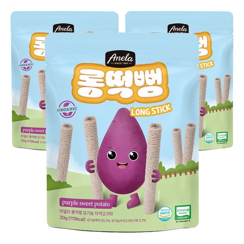 아넬라 유기농 롱떡뻥 자색고구마 롱스틱, 자색고구마맛, 30g, 3개