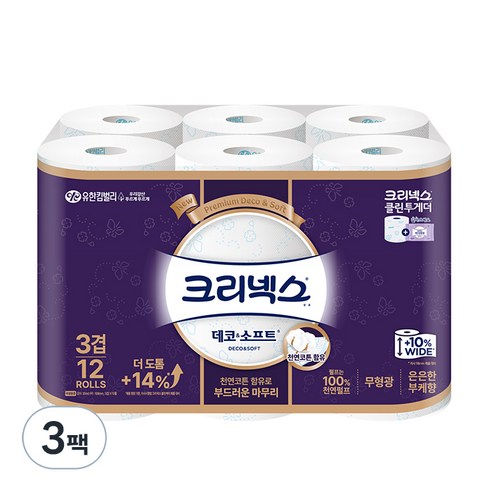 크리넥스 천연펄프 3겹 데코&소프트 와이드 35m, 12롤, 3팩