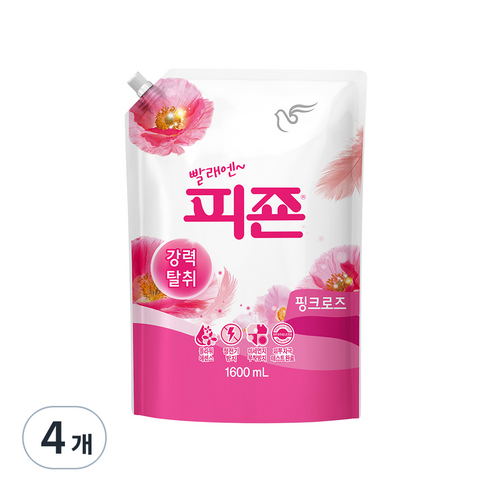 피죤 레귤러 핑크로즈 섬유유연제 리필, 1.6L, 4개