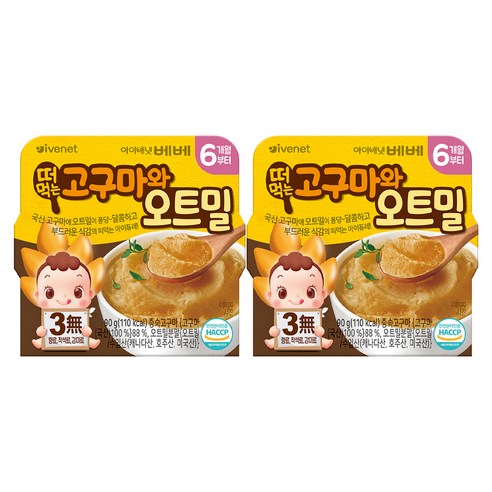 아이배냇베베 떠먹는 퓨레, 혼합맛(고구마/오트밀), 90g, 2개