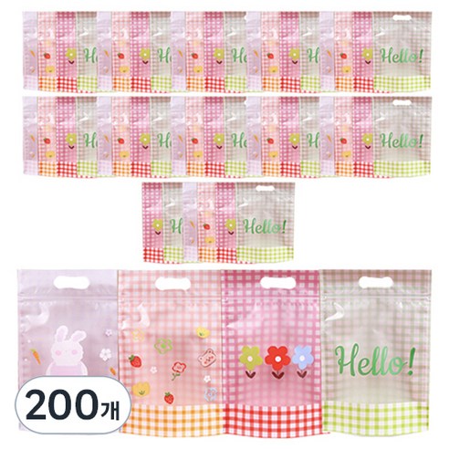 미미파티 감성 귀여운 구디백 손잡이 지퍼백 포장 봉투, 컬러체크, 200개