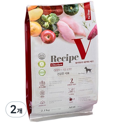 유한양행레시피브이 어덜트 강아지 세븐제로 건식사료, 닭, 2.1kg, 2개