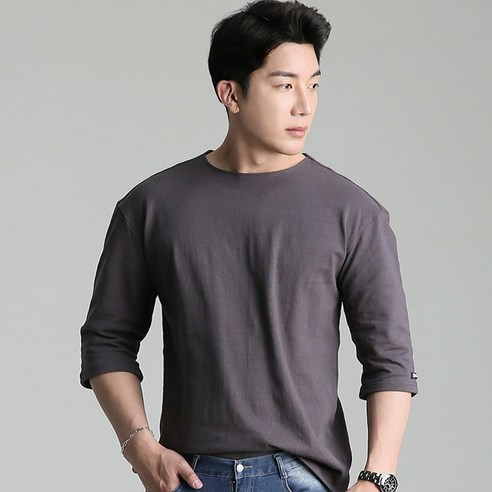 업클라스 남성용 오버핏 여름용 립넥 7부 티셔츠 b203, 차콜