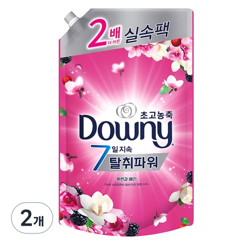 다우니 고농축 섬유유연제 7일 탈취파워 목련과 베리 리필, 1.6L, 2개