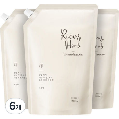 살림백서 라이스 앤 허브 주방세제 리필형 석류, 2L, 6개
