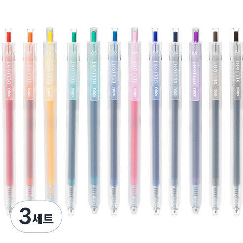 델리 델라이트 퀵드라이 노크식 젤잉크펜 12색 세트 0.5mm EQ118, 혼합 색상, 3세트