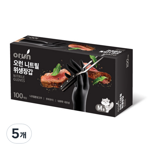 오런 니트릴 위생장갑 100P, 블랙, 중(M), 5개