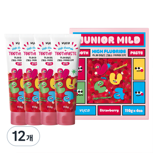 뷰카 주니어 마일드 고불소 구취케어 치약 딸기향 4p, 110g, 12개