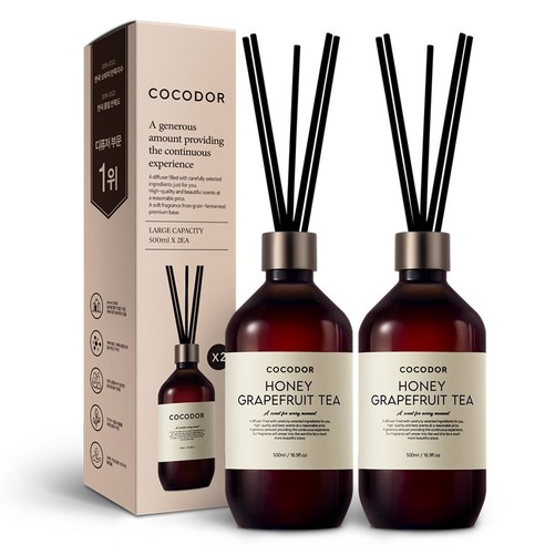 코코도르 프리미엄 디퓨저 500ml x 2p + 섬유스틱 14P 선물세트, 허니 자몽티, 2개